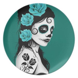 Teal Blue Day of the Dead Sugar Skull Girl Plate
