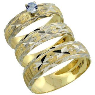 10k Gold 3 Piece Trio His (5.5mm) & Hers (4.5mm) 0.25 Carat Light Blue Sapphire Wedding Ring Band Set w/ Rhodium Accent (Available in Ladies Sizes 5 to10 & Men's Sizes 8 to 14) Ladies Size 5.5 Jewelry