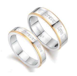 Stainless Steel 18k Plated "Forever Love" Engraved Couple Rings Set for Engagement, Promise, Eternity R016 (His Size 7,8,9,10; Hers Size 5,6,7,8). Please Email Sizes Jewelry