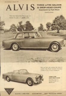 Alvis Three Litre Saloon & Drop Head Coupe ad 1960 Entertainment Collectibles
