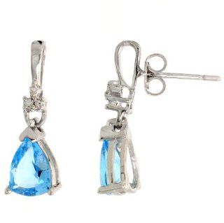 10k White Gold Pear shaped Dangle Earrings, w/ Brilliant Cut Diamonds & Pear Cut (7x5mm) Blue Topaz Stones, 3/4 in. (19mm) tall Jewelry