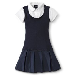 French Toast Girls School Uniform Short Sleeve 2 Fer Pleated Dress   Navy 12