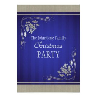 Silver Holly and Swirls on Blue 2 Christmas Party Invite