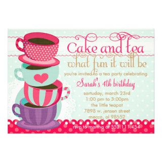 Fun Pink and Blue Cute Cups Tea Birthday Party Personalized Invitations