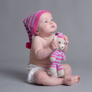 hand crochet pyjama bear with matching hat by attic