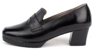Voivoila Women's Platform Chunky Heel Genuine Leather Penny Loafers Black Shoes