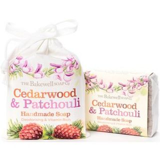 cedarwood and patchouli soap and gift bag by the bakewell soap company