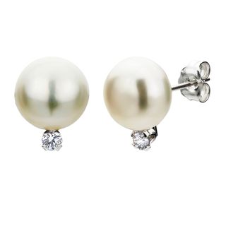 DaVonna Silver White 8 8.5mm Pearl and Diamond Earrings with Gift Box DaVonna Pearl Earrings