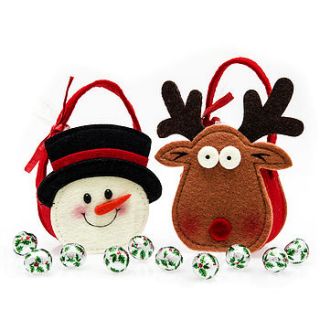 pair of festive felt bags with chocolates by candyhouse