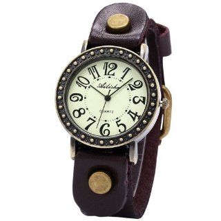 Ailisha Bronze Case Brown Genuine Leather Strap Lady Bracelet Bangle Wrist Quartz Watch WAA429 Watches