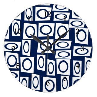 Teal Blue and White Fun Circle Square Pattern Wall Clocks