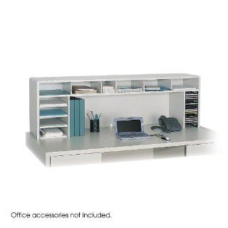 Safco Products   58"W High Clearance Desk Top Organizer   3661GR   Color Gray   Dimensions 57 1/2"w x 12"d x 18"h   Material Compressed Wood   On top Organizing This multipurpose desktop organizer brings versatility and accessibilit