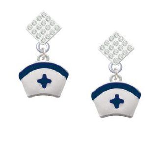 Nurse Hat with Blue Cross Clear Crystal Diamond Shaped Lulu Post Earrings Jewelry
