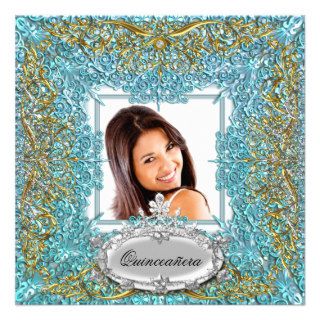 Quinceañera 15th Birthday Gold Teal Silver Tiara Custom Announcements