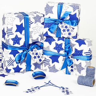 recycled blue star white wrapping paper by sophia victoria joy