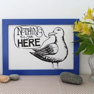 sneaky seagull linocut print by woah there pickle