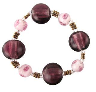 Italian Style Glass Bead Stretch Bracelet Amethyst Purple & Pink Roses Claspless Jewelry