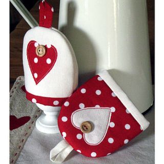 pair of polka dot egg cosies by the apple cottage company