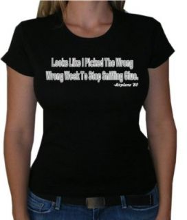 One Liners AIRPLANE "LOOKS LIKE I PICKED THE WRONG WEEK TO STOP SNIFFING GLUE" Juniors Movie Line Sheer T Shirt Clothing