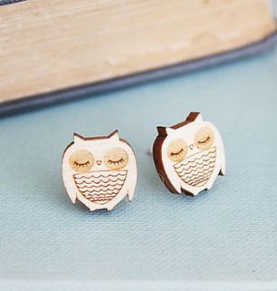 wooden owl stud earrings by ginger pickle