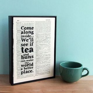 tea and buns quote print on book art by bookishly