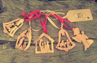 set of five olive wood christmas decorations by made lovingly made