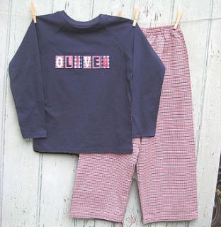 personalised red white and blue check pyjama by kushdi for kids