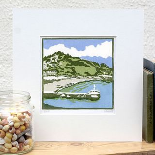 hand printed a bay in cornwall lino print by fiona carver