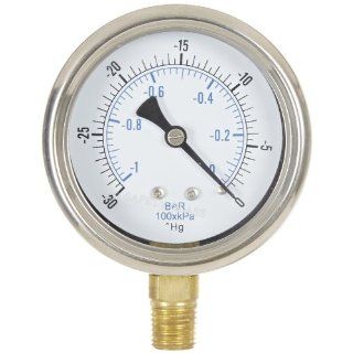 PIC Gauge 211D 254A Dry Filled Industrial Bottom Mount Adjustable Pressure Gauge with Removable Bezel, Stainless Steel Case, Brass Internals, Glass Lens, 2 1/2" Dial Size, 1/4" Male NPT Connection Size, 30"/0 hg Vac psi Range Industrial &am