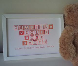 personalised new baby birth blocks print by little chip