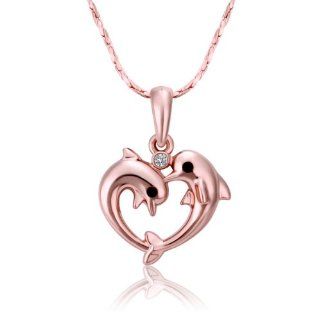 18KGP Rose Gold Double Dolphin Heart Pendant Necklace Jewelry