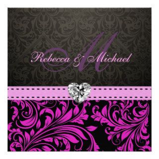 Elegant Purple Damask with Monogram Wedding Invite