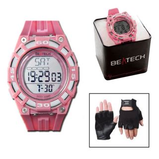Beatech Heart Rate Monitor Pink Watch And Black Leather Glove Set