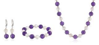 10 10.5mm Amethyst and 8 8.5mm Freshwater Cultured White Pearl Sterling Silver 3 Piece Set Including an 18" Necklace, 7.5" Stretch Bracelet and Dangling Leverback Earrings Jewelry