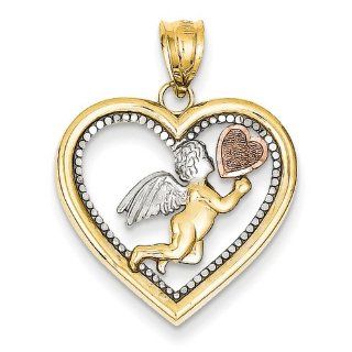 14K Yellow Tri Color Gold Rose & Rhodium Angel Heart Pendant. Metal Wt  2.02g Jewelry