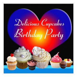 DELICIOUS CUPCAKES BIRTHDAY PARTY blue red heart Custom Invitation