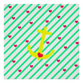 Neon Yellow Nautical Anchor Pink Hearts Stripes Poster