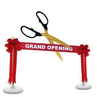 Deluxe Grand Opening Kit   36" Black/Gold Ceremonial Ribbon Cutting Scissors with 5 Yards of 6" Red Grand Opening Ribbon, 2 Red Bows and 2 White Plastic Stanchions 