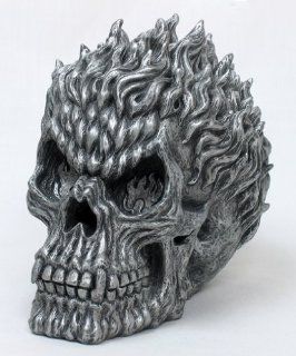 Flaming Human Skull Statue Silver Finish Fire HOT  