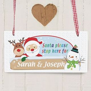 personalised santa and friends stop here sign by lucky roo