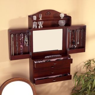 Brown Wall mount Jewelry Armoire With Mirror (16.5 X 5.6 X 29)