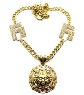 New Tyga Gold Medusa Circle Pendant & FY Side Piece w/10mm 30" Link Chain Necklace XC275G Jewelry