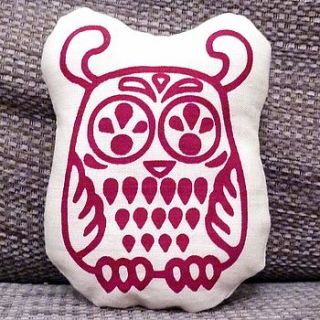 small hand printed owl shaped cushion by flaming imp