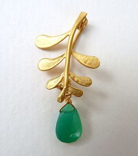gold plate marni leaf brooch with gemstone by blossoming branch