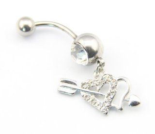 316L Stainless Steel 14G Clear Crystal Cupid Double Heart & Arrow Dangle Navel Ring Belly Bar Stud Ball Barbell Body Piercing Kit Jewelry