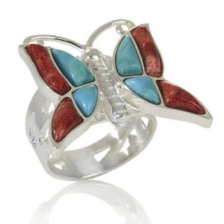 Jay King Turquoise and Coral Inlay "Butterfly" Sterling Silver Ring