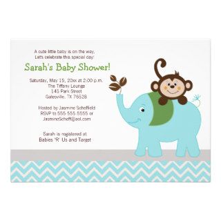 Monkey and Elephant Light Blue Chevron Baby Shower Custom Invites