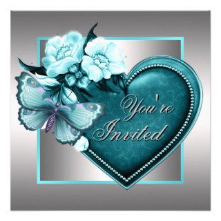 Silver Teal Blue Heart Butterfly Teal Blue Party Announcements