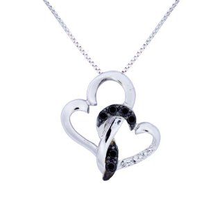 10k White Gold Black and White Diamond Double Heart Pendant Necklace (0.14 cttw, I J Color, I2 I3 Clarity), 18" Jewelry