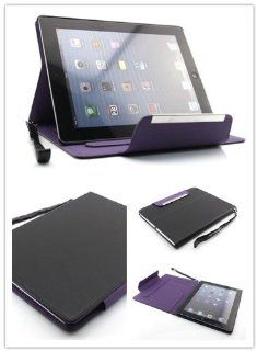 Big Dragonfly High Quality Smooth Print Protective Folio Leather Cover Book Case for Apple iPad 2 iPad 3 iPad 4 with Built in Kickstand & 3 Card Slots & Hand Strap & Safe Magnet Button (Auto Wake/Sleep Feature) Retail Package Black/Purple (Colo